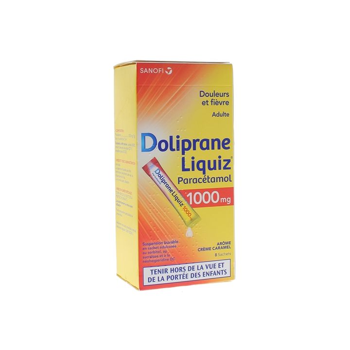 Doliprane Liquiz 1000mg zuckerfreie Trinklösung mit Karamellgeschmack - Packung mit 8 Beuteln