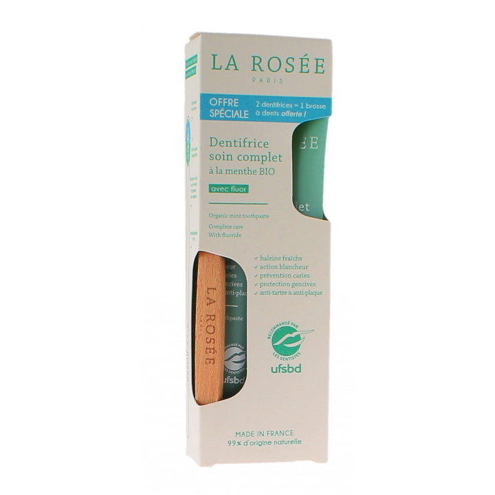 Zahnpasta für umfassende Pflege mit Bio-Minze La Rosée - 2er-Pack mit 75 ml Tuben + eine Zahnbürste