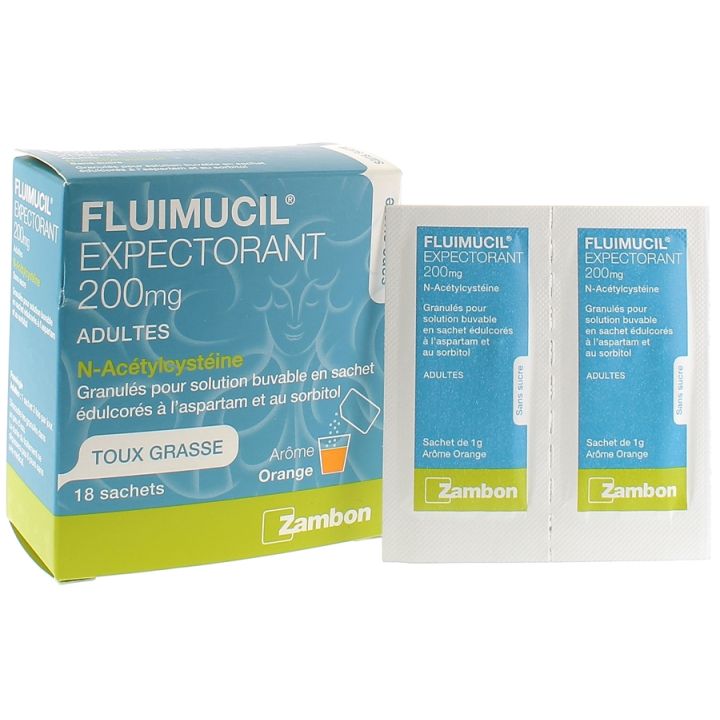 Fluimucil Expektorans 200 mg Husten mit Schleim Zambon - 18 Beutel mit Orangenaroma