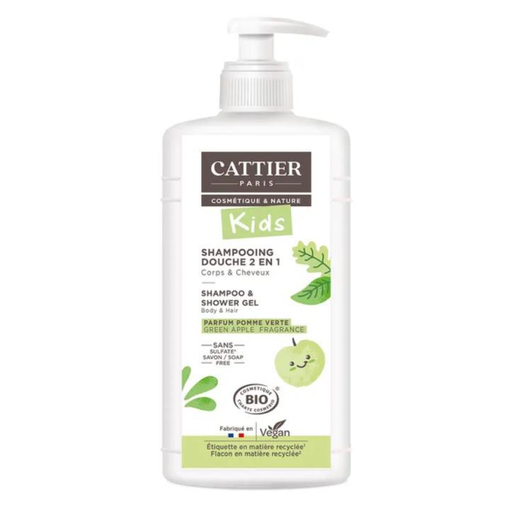Kids Shampoo und Duschgel 2in1 mit grünem Apfelduft Cattier - Pumpflasche mit 500ml