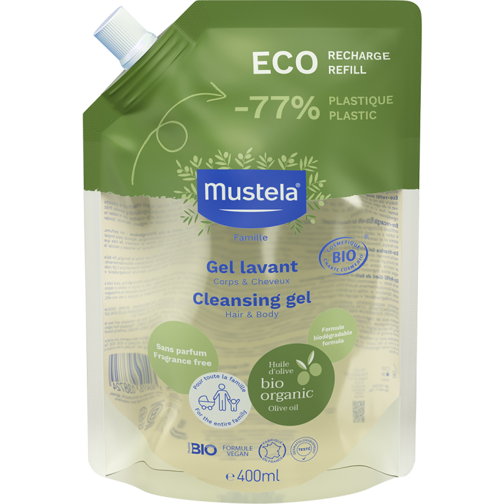 Duftfreies Bio-Duschgel für Körper und Haare von Mustela - Nachfüllpackung mit 400 ml