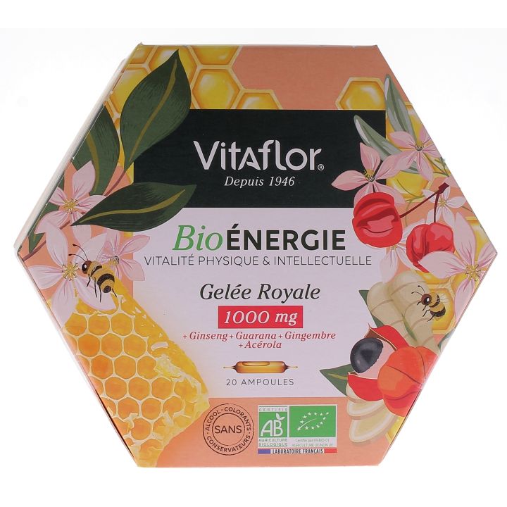 Bio-Gelee Royale 1000 mg Energie+ Vitaflor - Packung mit 20 Ampullen