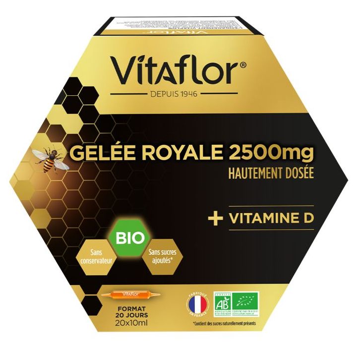 Gelee Royale 2500 mg Vitamin D bio Vitaflor - Packung mit 20 Ampullen