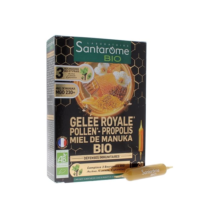 Gelee Royale Pollen Propolis Manuka Honig Bio Santarome - Box mit 20 Ampullen