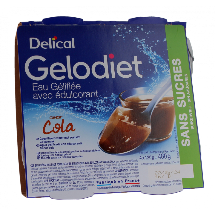Gelodiet Gelee-Wasser mit Süßungsmittel Cola-Geschmack Delical - 4er-Pack mit 120g Bechern
