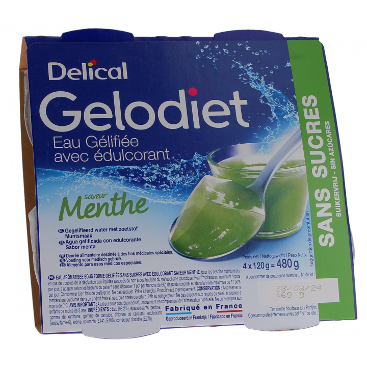 Gelodiet Geleewasser mit Süßungsmittel Geschmack Minze Delical - 4er-Pack mit 120g Bechern
