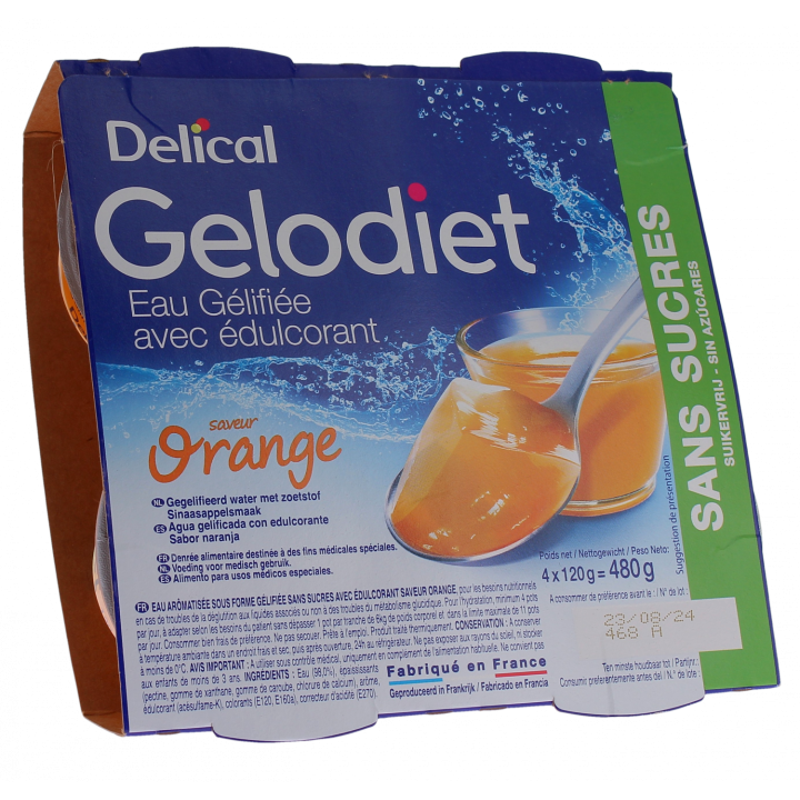 Gelodiet Geleewasser mit Süßungsmittel Geschmack Orange Delical - 4er-Pack mit 120g Bechern