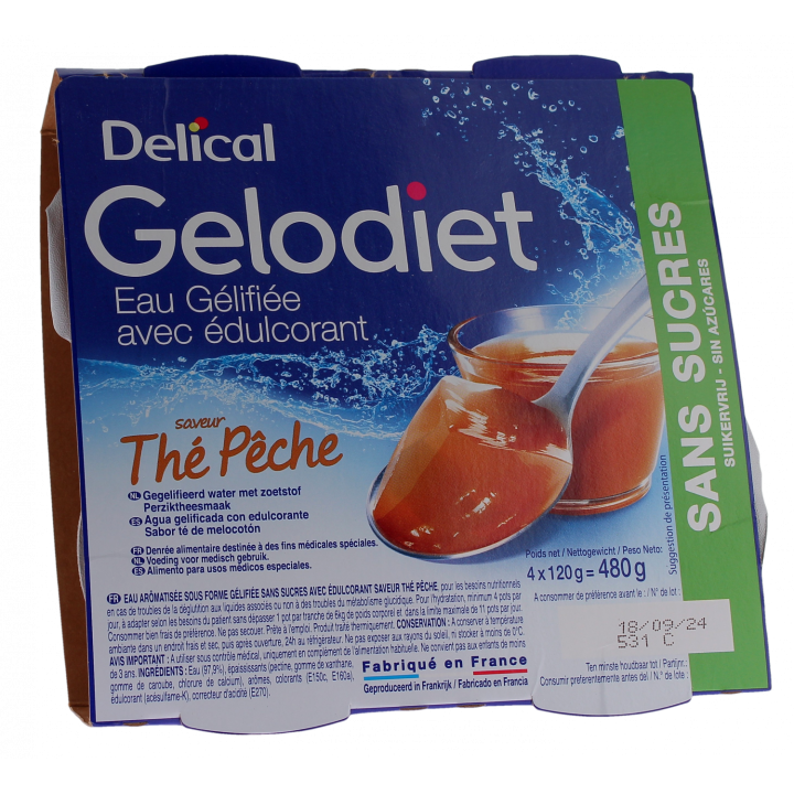 Gelodiet Gelee-Wasser mit Süßungsmittel Geschmack Pfirsichtee Delical - 4er-Pack mit 120g Bechern