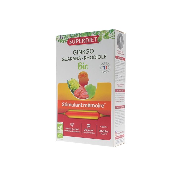 Ginkgo Guarana Rhodiola Bio Gedächtnisförderer Super Diet - Packung mit 20 Ampullen