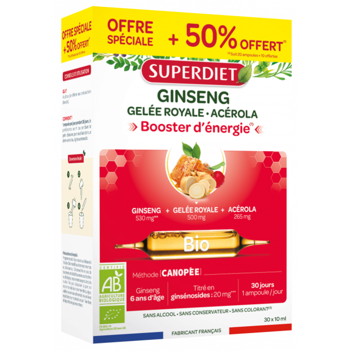 Ginseng, Gelee Royale und Acerola Bio Super Diet - Schachtel mit 20 Ampullen + 10 Ampullen geschenkt