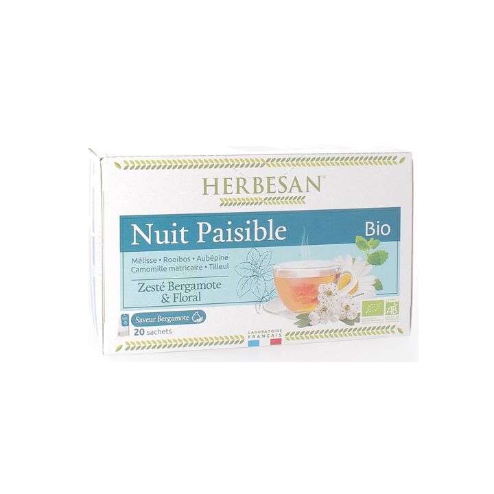 Bio-Kräutertee für eine ruhige Nacht mit Bergamotte-Geschmack von Herbesan - 20 Beutel pro Packung
