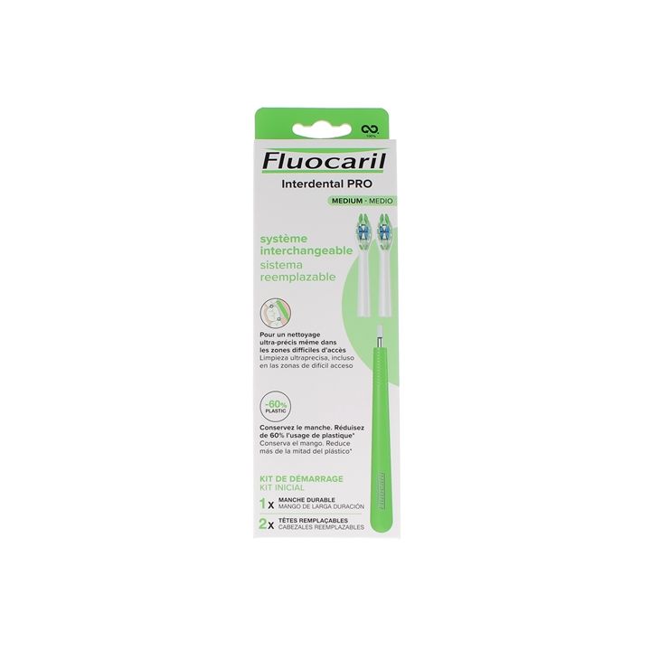Interdental Pro System austauschbares Medium Starterset Fluocaril - Box mit 1 langlebigem Griff + 2 austauschbaren Köpfen