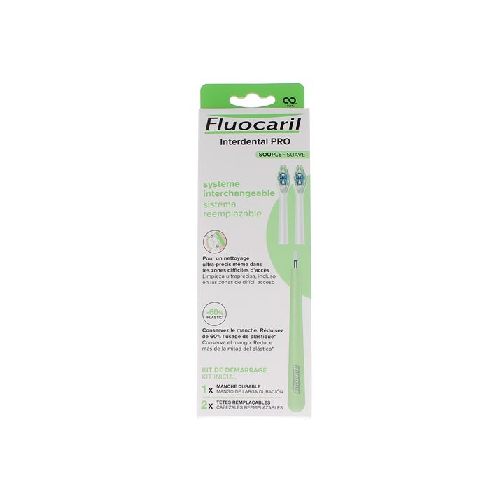 Interdental Pro Wechselsystem weiches Starter-Kit Fluocaril - Box mit 1 langlebigem Griff + 2 austauschbaren Köpfen