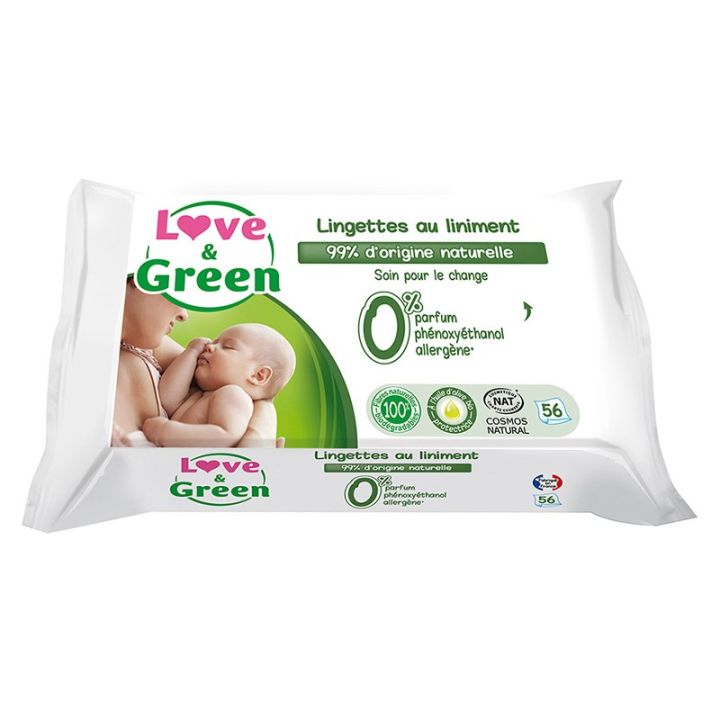 Liniment-Tücher für den Windelwechsel Baby Love & Green - Packung mit 56 Tüchern