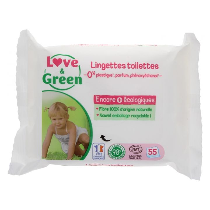 Duftfreie Toilettenfeuchttücher Love & Green - Packung mit 55 Tüchern