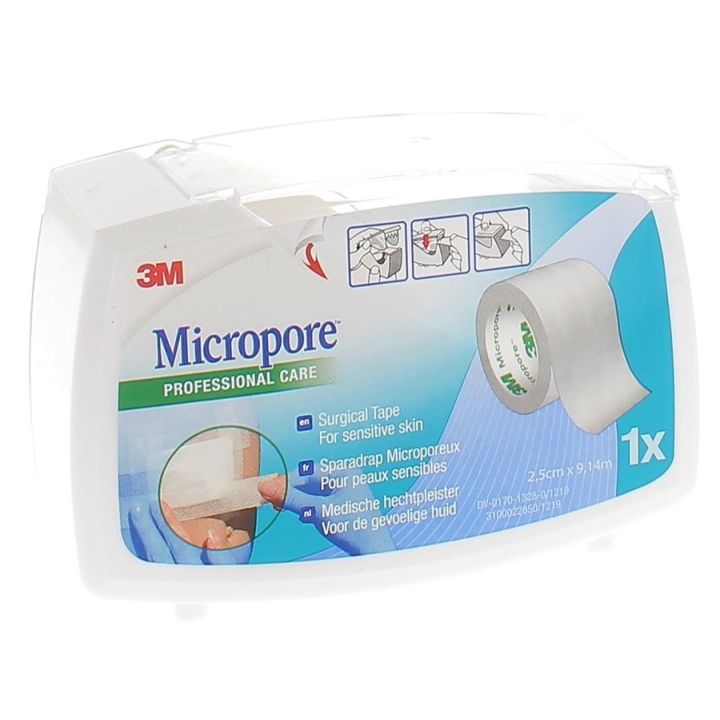 Mikropore Weißes Pflasterband mit Abroller 3M - Rolle von 2,5 cm x 9,14 m