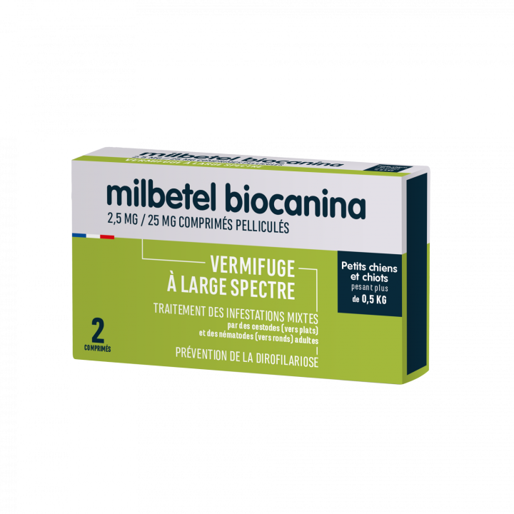 Milbetel 2,5mg/25mg Wurmkur für kleine Hunde und Welpen +0,5kg Biocanina - Packung mit 2 Tabletten