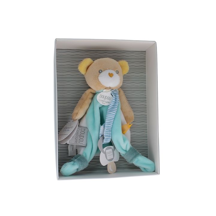 Mini Schnuffeltier Bär Schnullerhalter Doudou und compagnie - Box mit Schnuffeltier von 15 cm