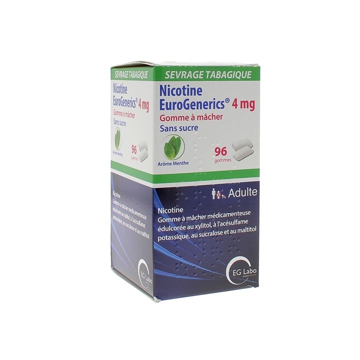 Nikotin 4mg Minze zuckerfreie Kaugummis EuroGenerics EG Labo - Packung mit 96 Kaugummis