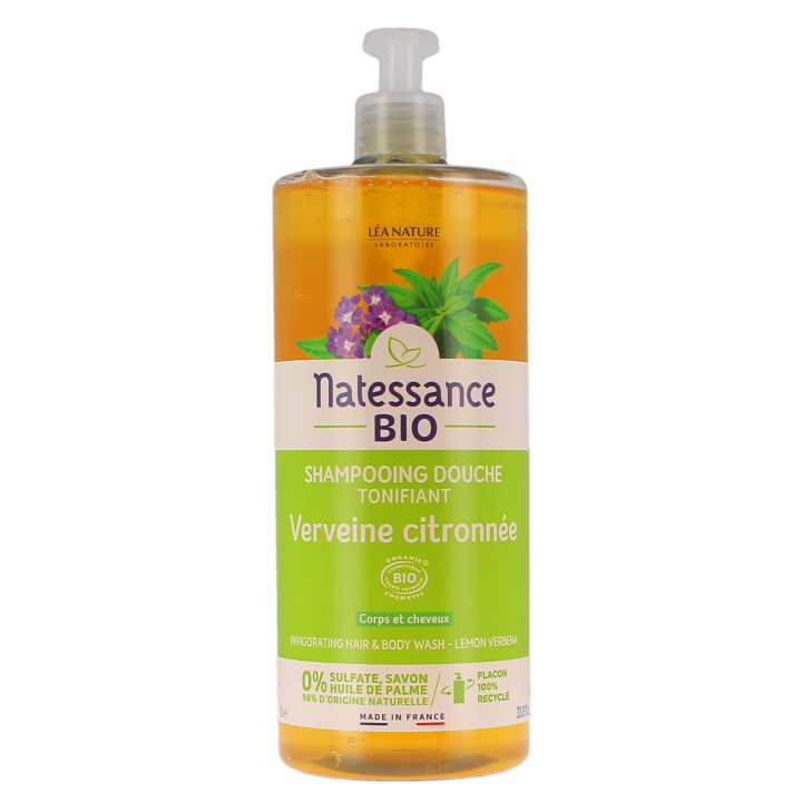 Bio erfrischendes Duschshampoo mit Zitronenverbene von Natessance - Pumpflasche 1L