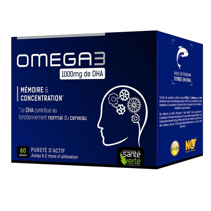Omega 3 1000 mg DHA Gedächtnis und Konzentration Gesundheit Grün - 60 Tabletten