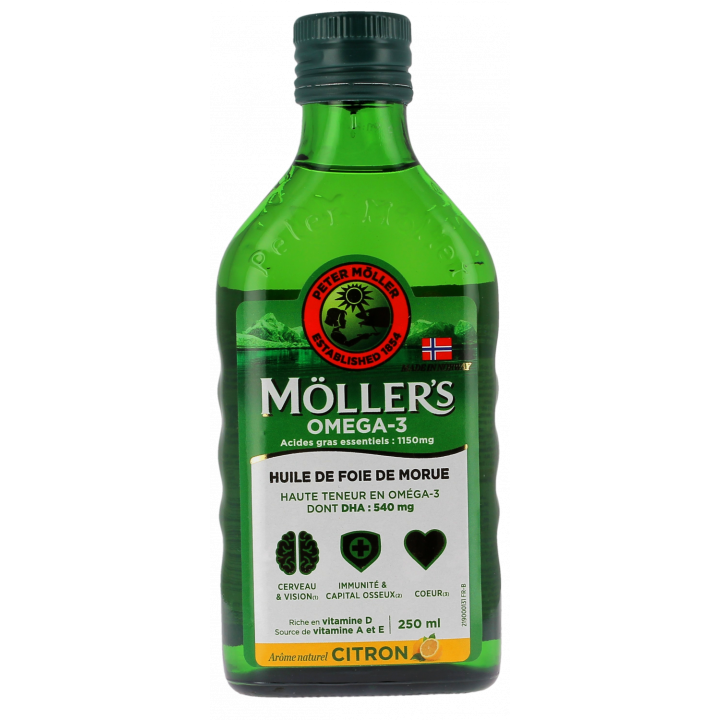 Omega-3 Lebertran mit Zitronengeschmack Möller's - Flasche 250 ml