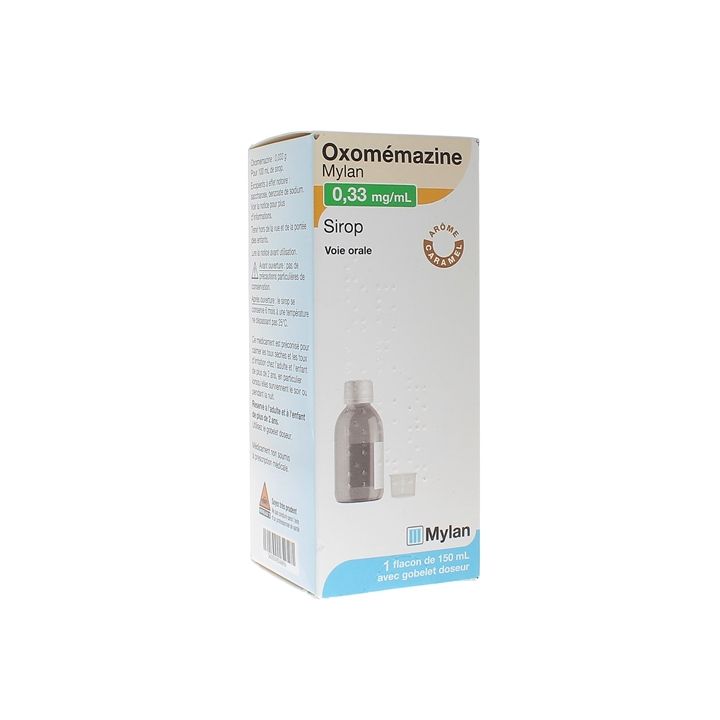Oxomemazin 0,33 mg/ml Sirup Mylan - eine Dosierflasche mit 150 ml und Dosierbecher