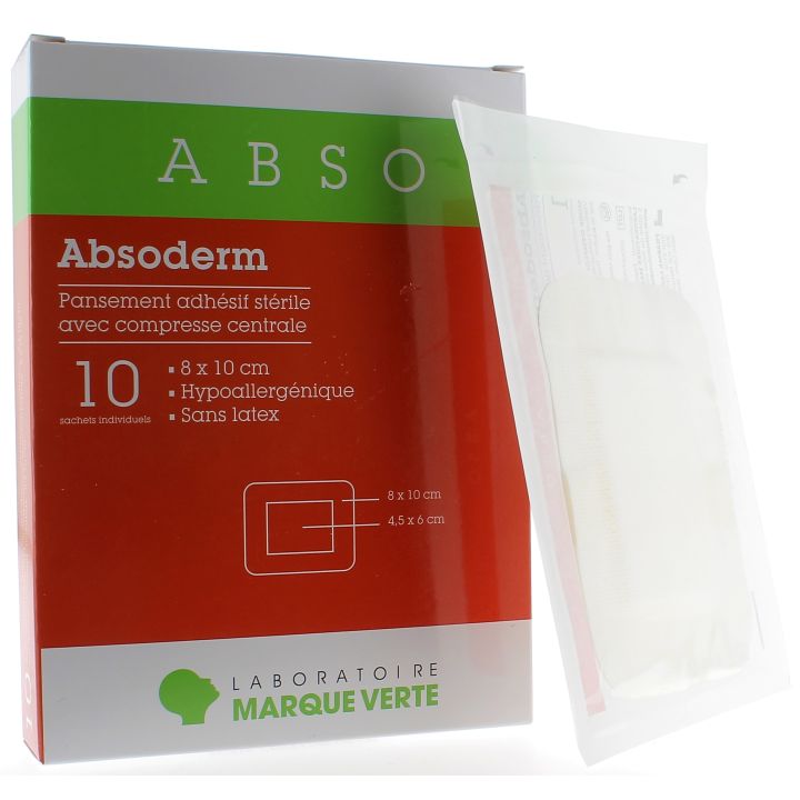 Absoderm Steriler Wundverband mit zentralem Polster 8x10 cm Grüne Marke - Packung mit 10 Einzelbeuteln