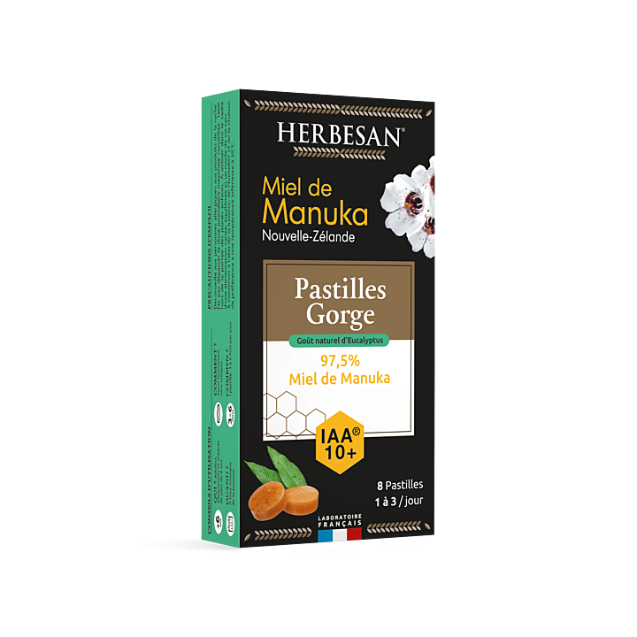 Manuka-Honigpastillen IAA10+ Eukalyptus Herbesan - Packung mit 8 Pastillen