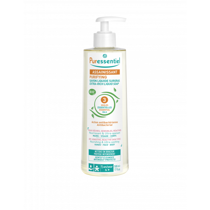 Flüssige Überfettung Seife mit 3 bio ätherischen Ölen Puressentiel - Pumpflasche 500 ml
