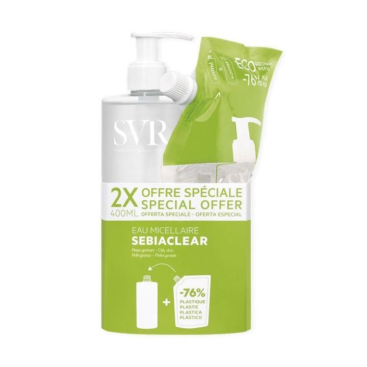 Sebiaclear Mizellenwasser SVR - Set mit einer Flasche von 400 ml + einem Nachfüllpack von 400 ml