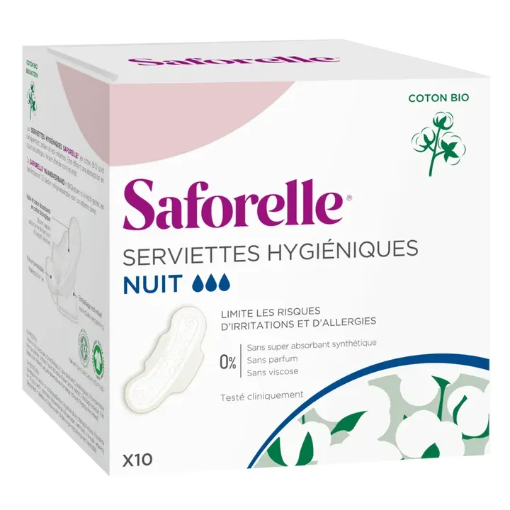 Bio-Baumwoll-Nachtbinden Saforelle - Packung mit 10 Binden