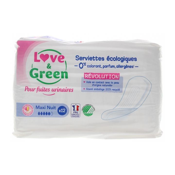 Ökologische Maxi-Nacht-Slipeinlagen Love & Green - Packung mit 12 Slipeinlagen