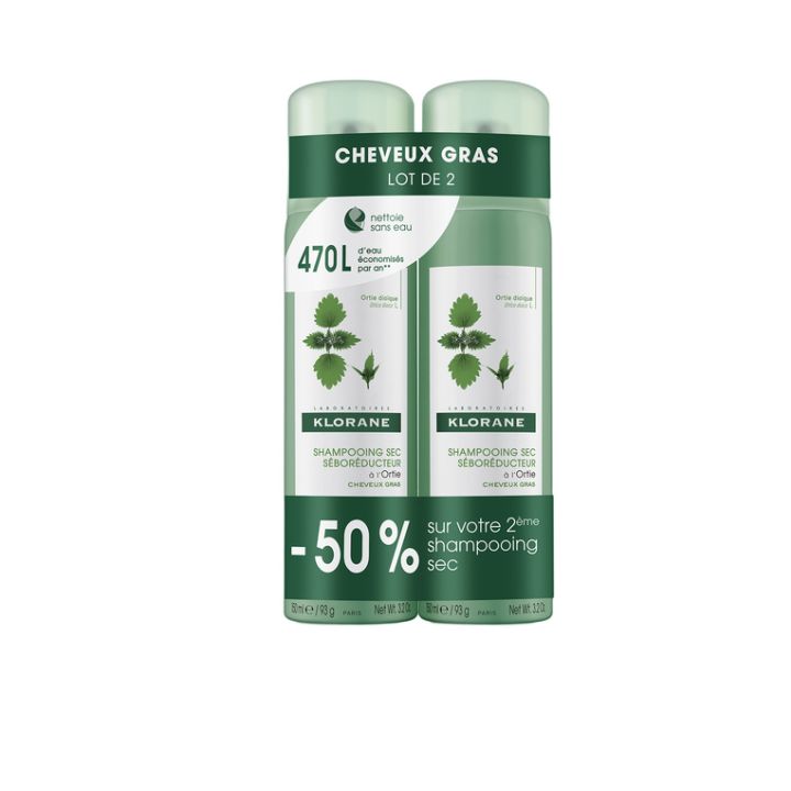 Klorane Seboreduzierendes Trockenshampoo mit Brennnessel - 2er-Pack mit 150 ml Sprays