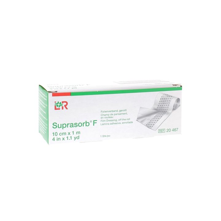 Suprasorb F Transparentes, nicht steriles Verbandmaterial in Rolle 10 cm x 1 m Lohmann & Rauscher - Schachtel mit einem Stück