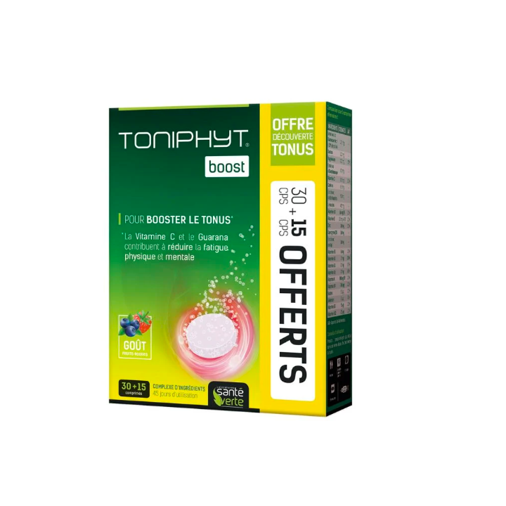 Toniphyt Boost Geschmack rote Früchte Gesundheit Grün - 30 Brausetabletten + 15 gratis