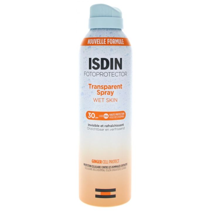 Spray-Sonnencreme Transparent Wet Skin SPF30 Fotoprotector Isdin - Flasche mit 250ml