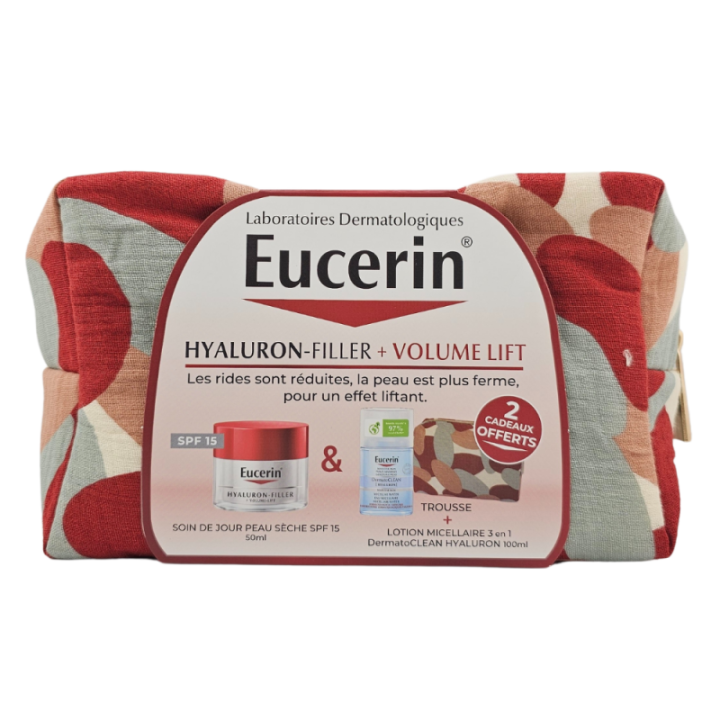 Hyaluron-Filler + Volumen-Lift Tagespflege für trockene Haut Eucerin - 50ml Tiegel + DermatoCLEAN 100ml und kostenlose Tasche