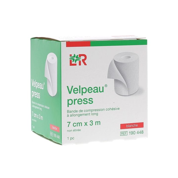 Velpeau Press Kohäsive Kompressionsbinde mit langer Dehnung - Schachtel mit einem weißen Band von 7x3cm