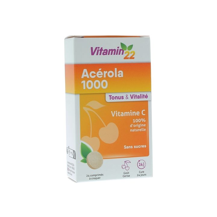 Vitamin'22 Acerola 1000 Vitamin C Ineldea - Packung mit 24 Kaudabletten