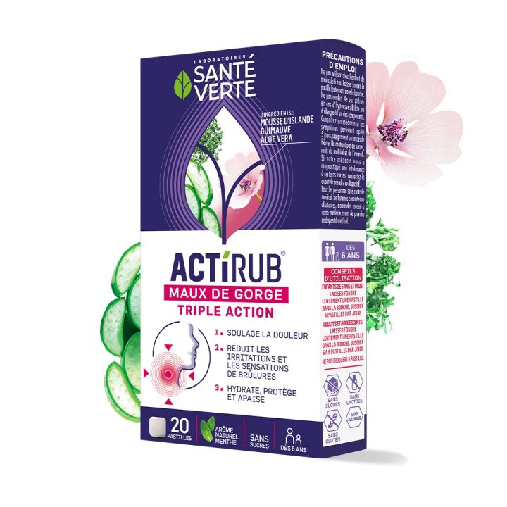 Actirub Halsschmerzen Dreifachwirkung Santé Verte - Packung mit 20 Lutschtabletten