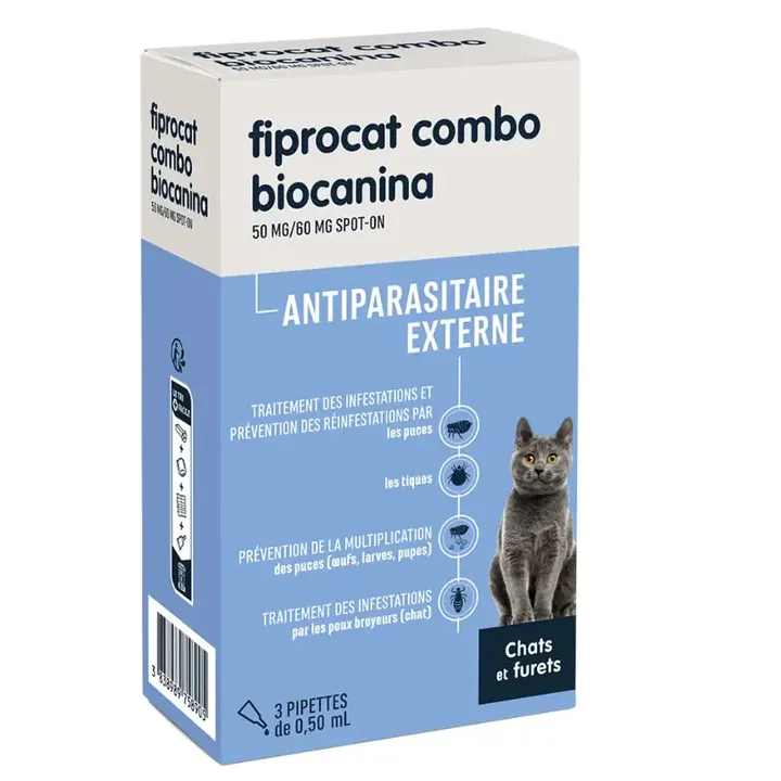 Fiprocat Combo 50 mg/60 mg äußeres Antiparasitikum für Katzen und Frettchen Biocanina - Packung mit 3 Pipetten zu 0,5 ml