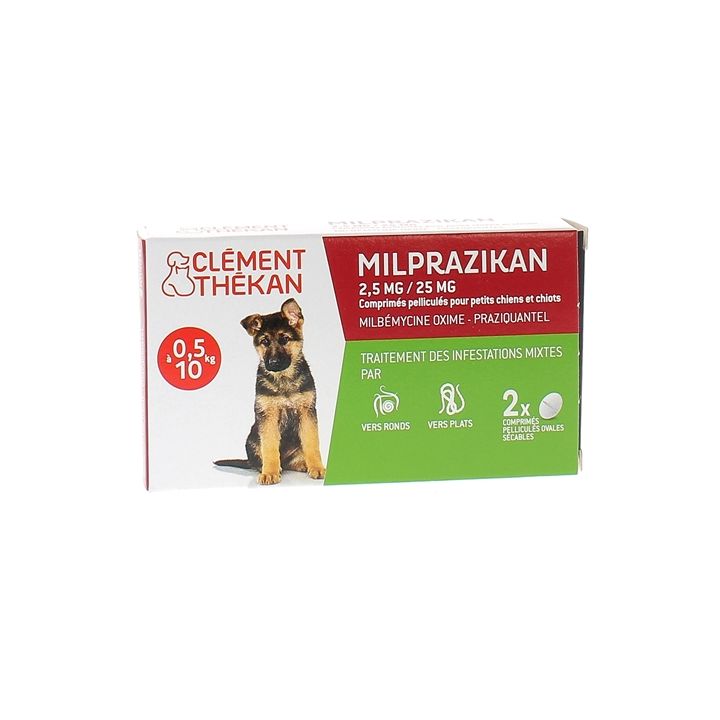 Milprazikan 2,5 mg / 25 mg Filmtabletten für kleine Hunde Clément Thékan - Packung mit 2 Filmtabletten