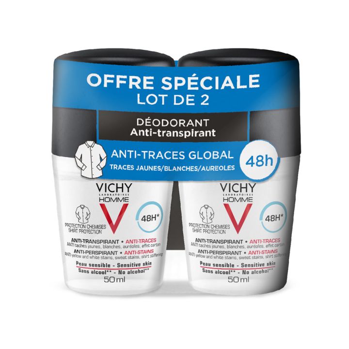 Vichy Männer Deodorant Antitranspirant Anti-Spuren Global - 2er Pack mit 50 ml Flaschen