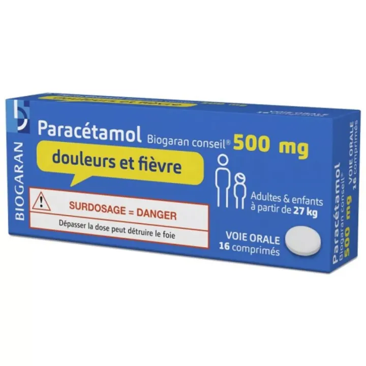 Paracetamol 500mg Schmerzen und Fieber Biogaran - Packung mit 16 Tabletten