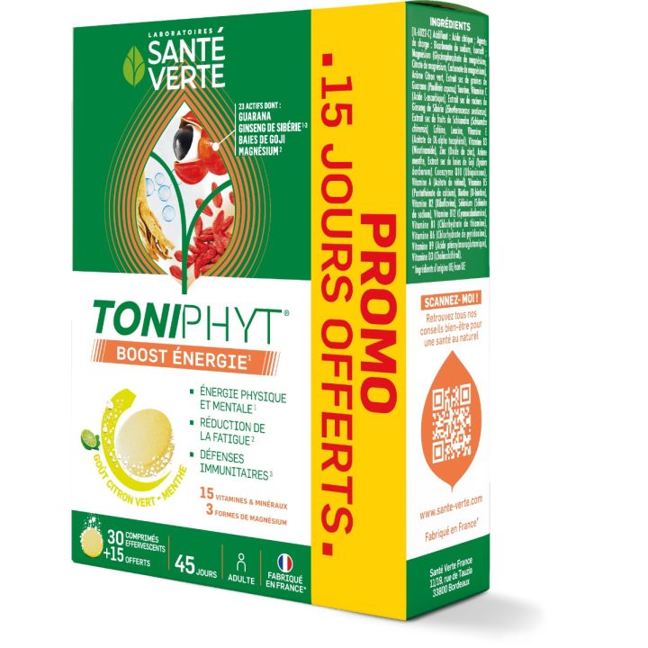 Toniphyt Boost Geschmack Limette Minze Gesundheit Grün - 30 Brausetabletten + 15 gratis