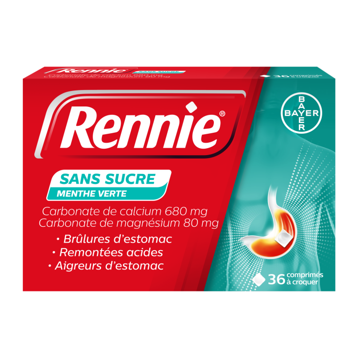 Rennie ohne Zucker Kaubonbons - Packung mit 36 Tabletten