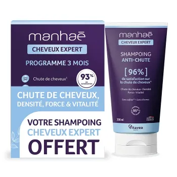 Manhaé Haare Expert Haarausfall Programm von 3 Monaten + kostenloses Anti-Haarausfall-Shampoo Vitavea - 120 Kapseln + Shampoo von 50ml