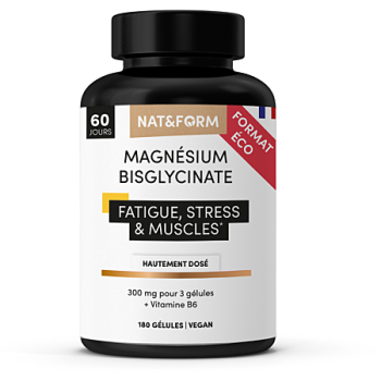 Magnesium Bisglycinat Müdigkeit, Stress und Muskeln Nat&Form - Dose mit 180 Kapseln