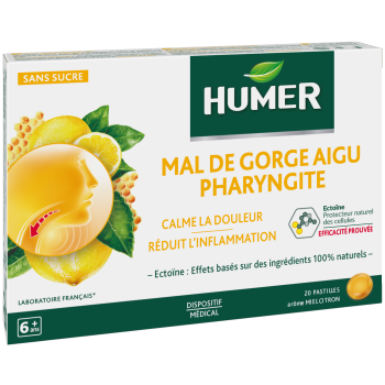 Akute Halsschmerzen Pharyngitis Honig-Zitronen-Geschmack Humer - Packung mit 20 Pastillen